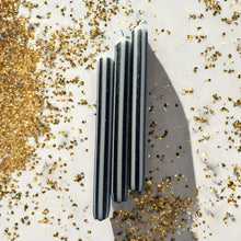 Load image into Gallery viewer, BLACK AND GOLD PINSTRIPES Dip Dye Dinner Candles Trio