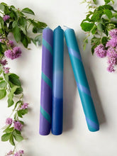Load image into Gallery viewer, PERIWINKLE - Dip Dye and Striped Dinner Candle Trio