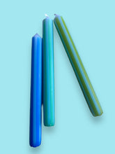 Load image into Gallery viewer, BLUE PINSTRIPES Dip Dye Dinner Candles Trio