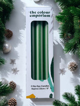 Load image into Gallery viewer, GREEN AND GOLD PINSTRIPES Dip Dye Dinner Candles Trio