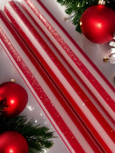 Load image into Gallery viewer, RED AND GOLD PINSTRIPES Dip Dye Dinner Candles Trio