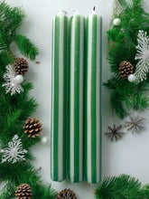 Load image into Gallery viewer, GREEN AND GOLD PINSTRIPES Dip Dye Dinner Candles Trio