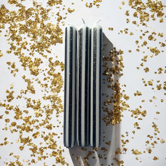 BLACK AND GOLD PINSTRIPES Dip Dye Dinner Candles Trio