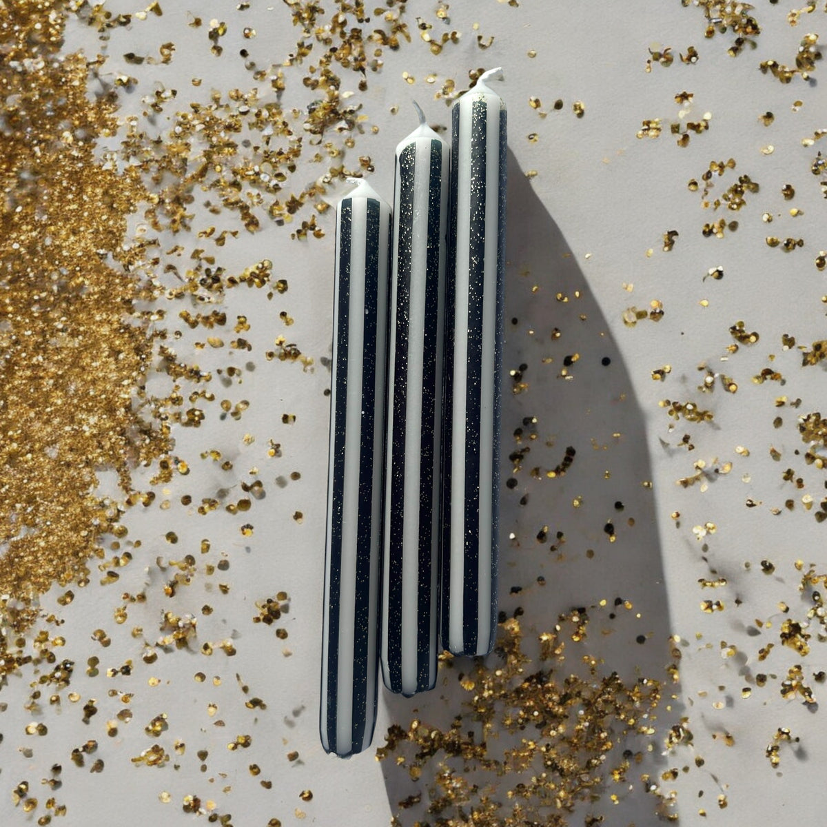 BLACK AND GOLD PINSTRIPES Dip Dye Dinner Candles Trio