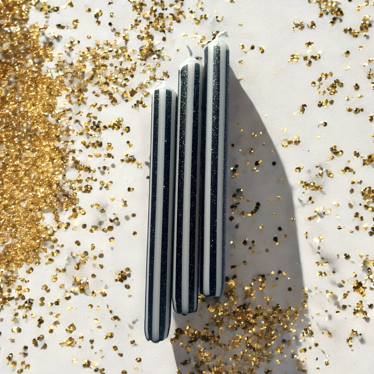 BLACK AND GOLD PINSTRIPES Dip Dye Dinner Candles Trio
