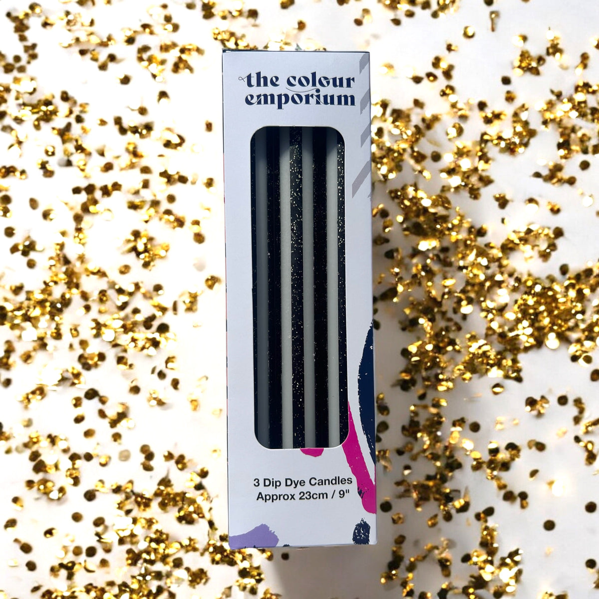 BLACK AND GOLD PINSTRIPES Dip Dye Dinner Candles Trio