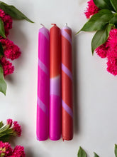 Load image into Gallery viewer, HIBISCUS -  Dip-Dyed and Striped Dinner Candle Trio
