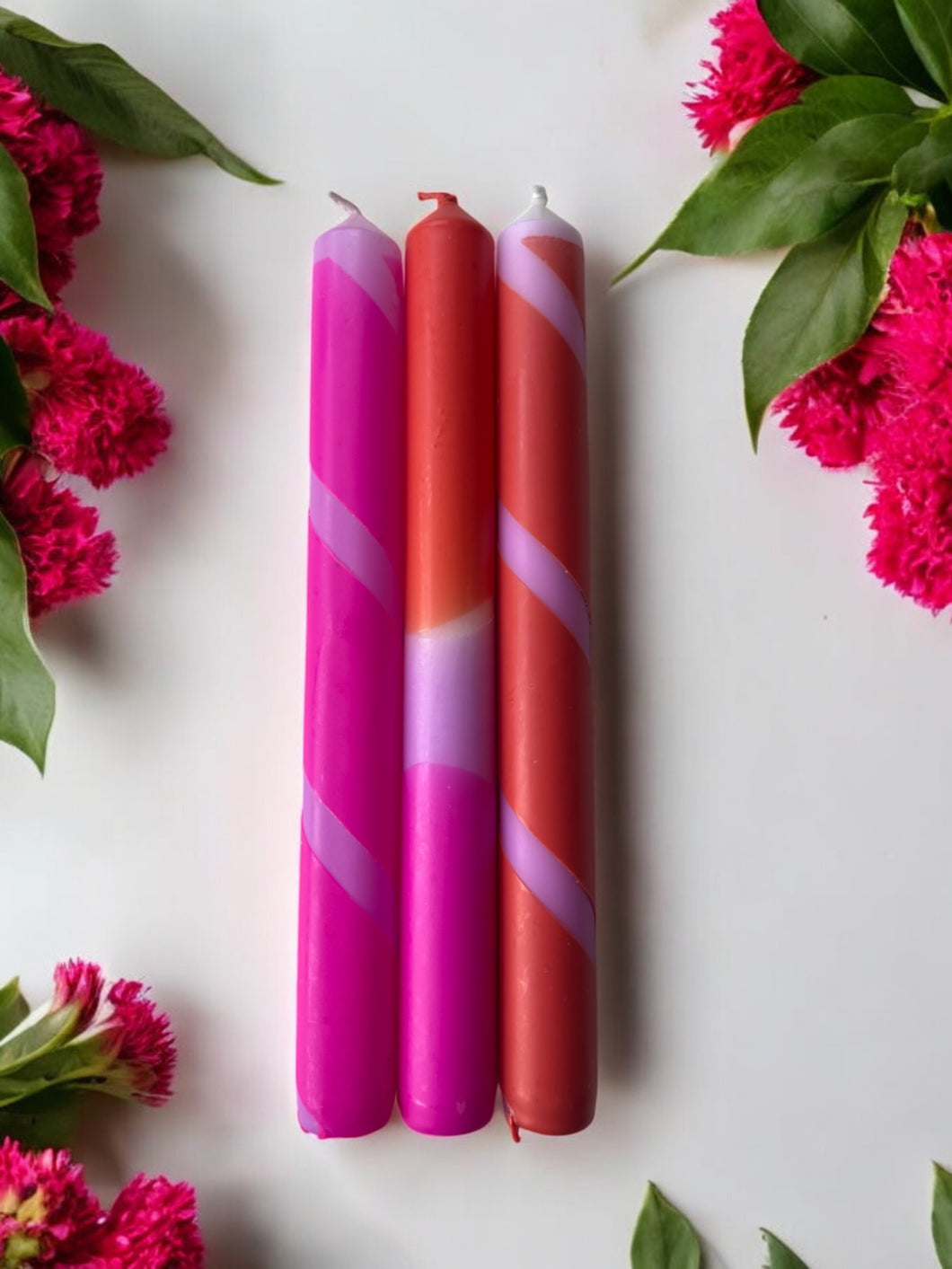 HIBISCUS -  Dip-Dyed and Striped Dinner Candle Trio