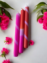 Load image into Gallery viewer, HIBISCUS -  Dip-Dyed and Striped Dinner Candle Trio
