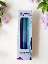 Load image into Gallery viewer, PERIWINKLE - Dip Dye and Striped Dinner Candle Trio
