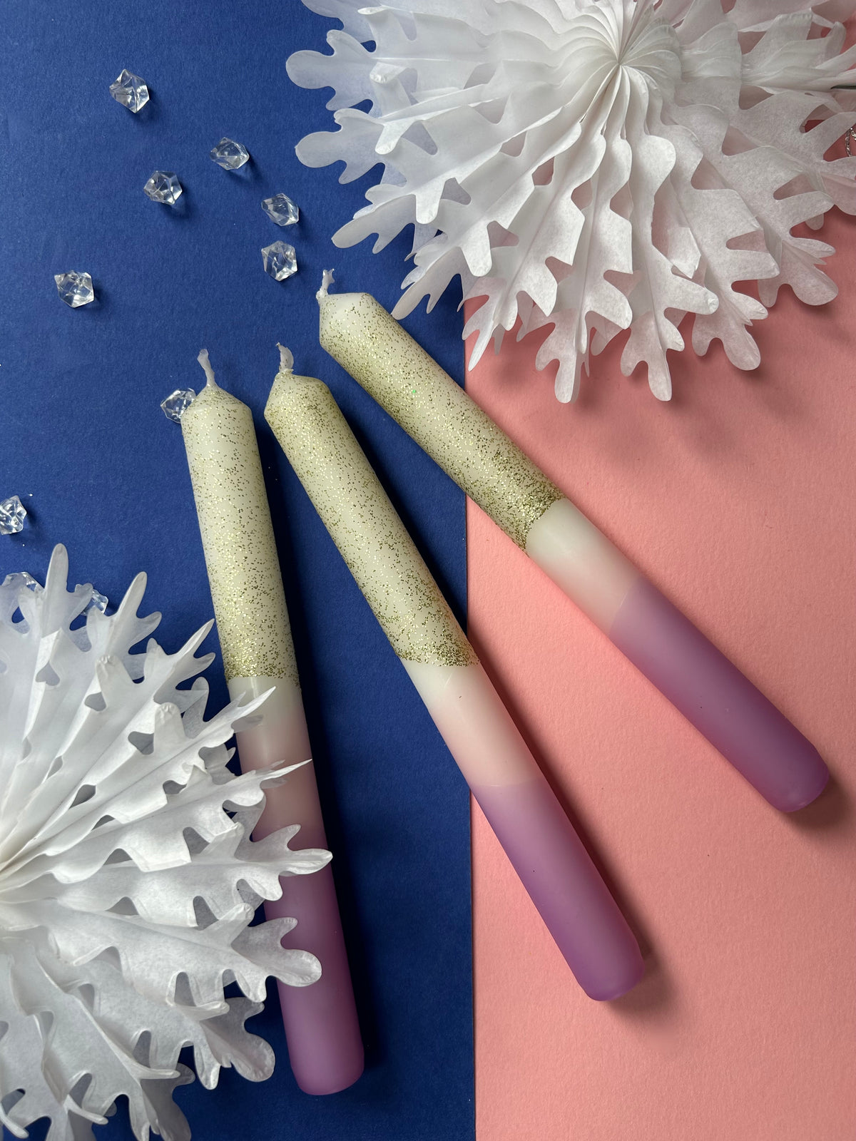 FROSTED PETALS Dip Dye Dinner Candle Trio