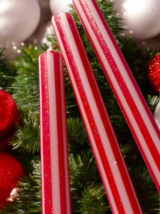 RED AND GOLD PINSTRIPES Dip Dye Dinner Candles Trio
