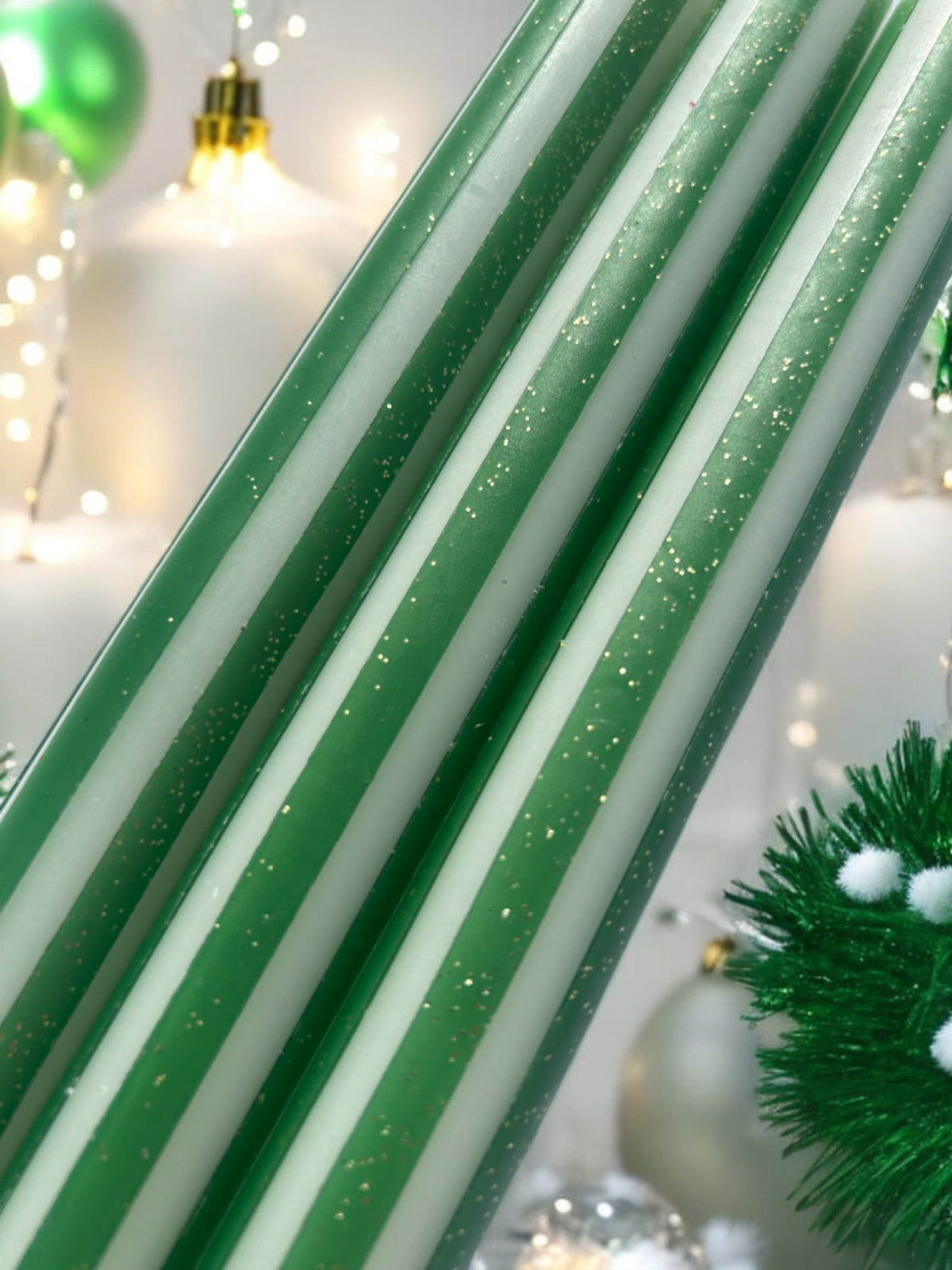 GREEN AND GOLD PINSTRIPES Dip Dye Dinner Candles Trio